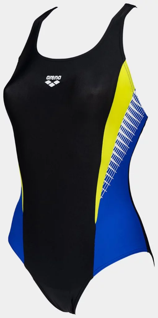 Купальник закритий для жінок Arena THREEFOLD V BACK ONE PIECE R чорний, жовтий, блакитний Жін 36