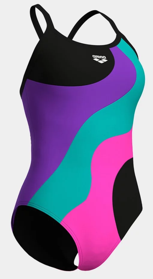 Купальник закритий для жінок Arena MULTI SLICES SWIMSUIT LIGHTDRO чорний, бузковий, бірюзовий, рожевий Жін 44