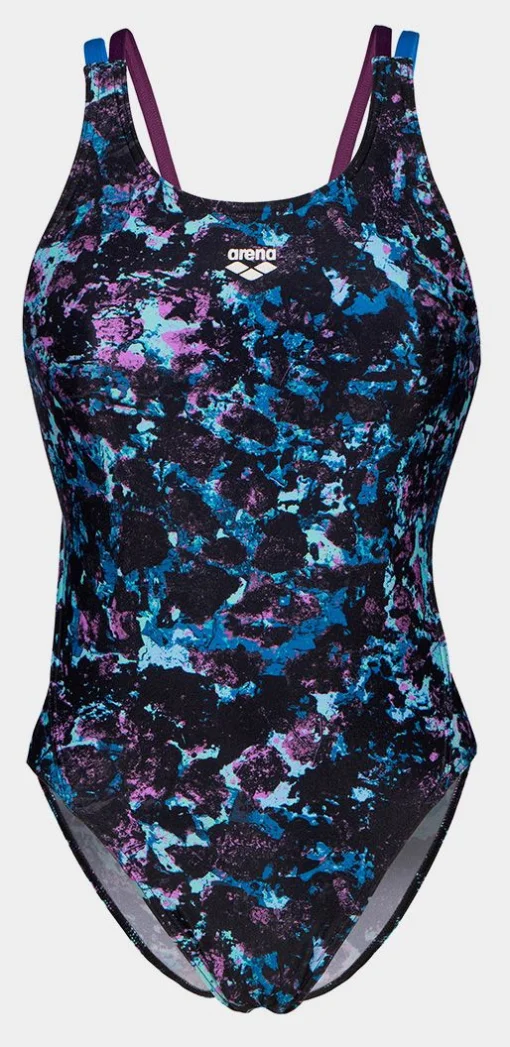 Купальник закритий для жінок Arena ROCKIN SWIMSUIT SWIM TECH MULT чорний, синій, фіолетовий Жін
