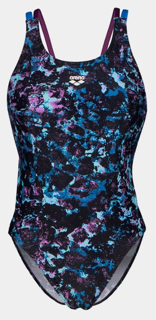 Купальник закритий для жінок Arena ROCKIN SWIMSUIT SWIM TECH MULT чорний, синій, фіолетовий Жін