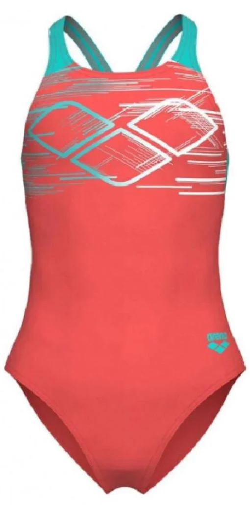 Купальник для дівчат Arena PASTIME SWIMSUIT V BACK моркв'яний, бірюзовий, білий Діт 116 см