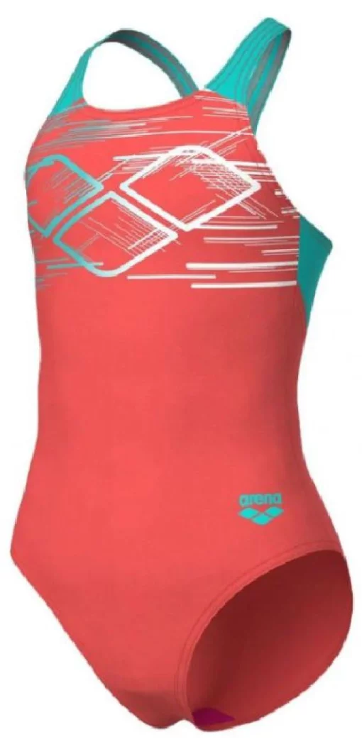 Купальник для дівчат Arena PASTIME SWIMSUIT V BACK моркв'яний, бірюзовий, білий Діт 116 см