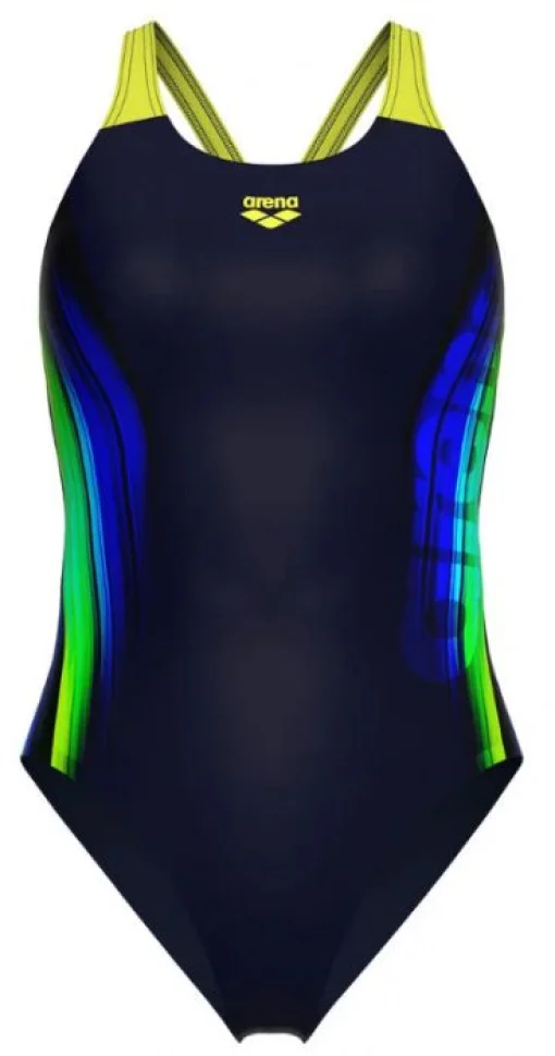 Купальник закритий для жінок Arena BREATH SWIMSUIT V BACK LB чорний, жовтий, зелений, синій Жін 38