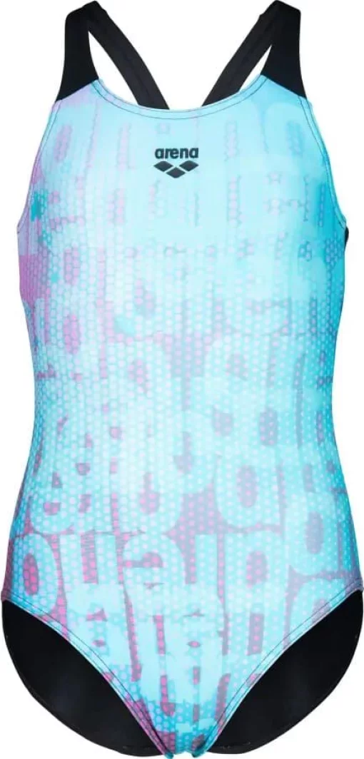 Купальник закритий для дівчат Arena MULTI COLOURS SWIMSUIT V BACK блакитний, чорний дитячий 128 см (009007-509)