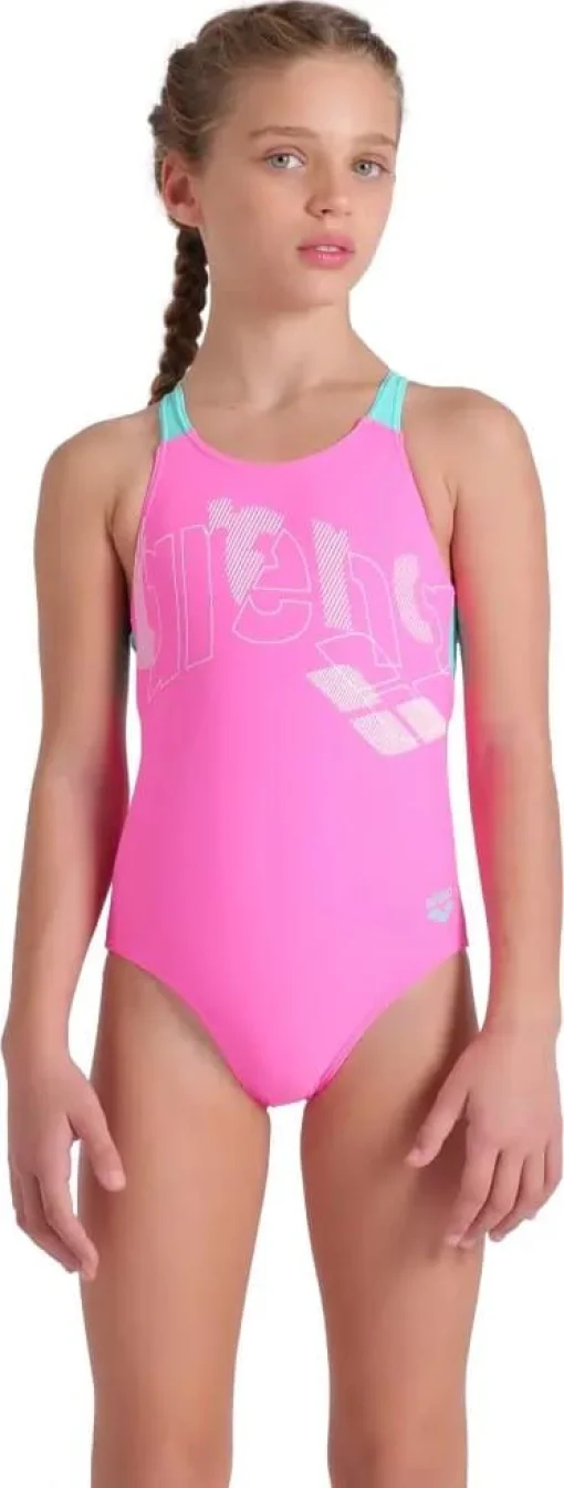 Купальник закритий для дівчат Arena TALES SWIMSUIT V BACK рожевий, бірюзовий дитячий 140 см (009085-980)