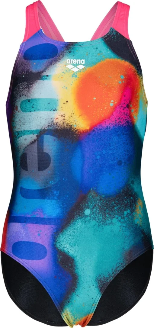 Купальник закритий для дівчат Arena SPRAY PAINT SWIMSUIT SWIM PRO чорний, синій, рожевий дитячий 128 см (010286-590)