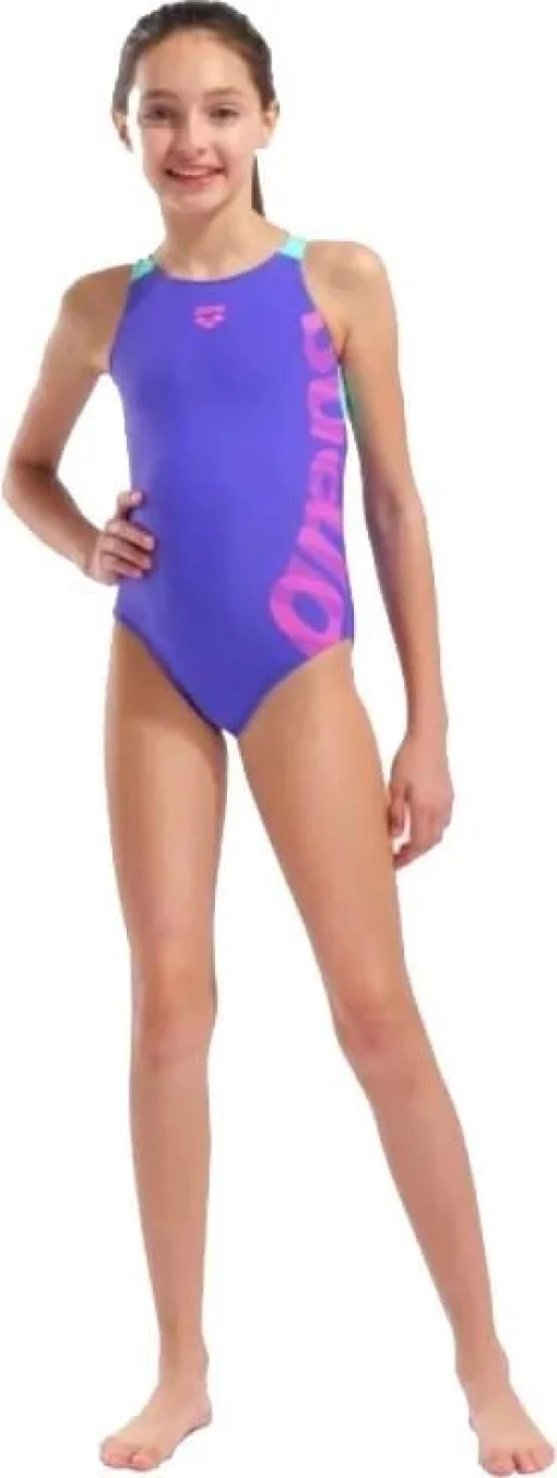 Купальник закритий для дівчат Arena GRAPHIC SWIMSUIT V BACK фіолетовий, рожевий дитячий 116 см (010407-880)