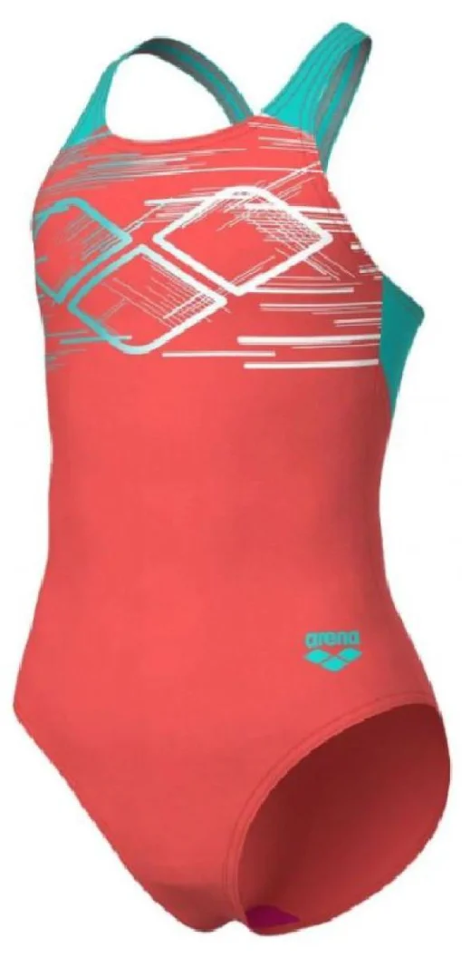 Купальник для дівчат Arena PASTIME SWIMSUIT V BACK моркв'яний, бірюзовий, білий Діт