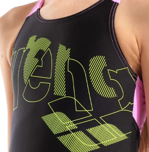 Купальник закритий для дівчат Arena TALES SWIMSUIT V BACK чорний, жовтий, рожевий дитячий 152 см (009085-590)