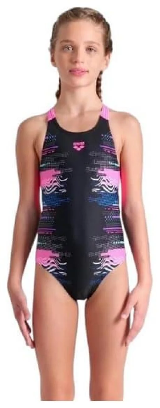 Купальник для дівчат Arena RHYTHM SWIMSUIT V BACK L чорний, рожевий Діт 128 см