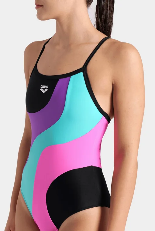 Купальник закритий для жінок Arena MULTI SLICES SWIMSUIT LIGHTDRO чорний, бузковий, бірюзовий, рожевий Жін 40